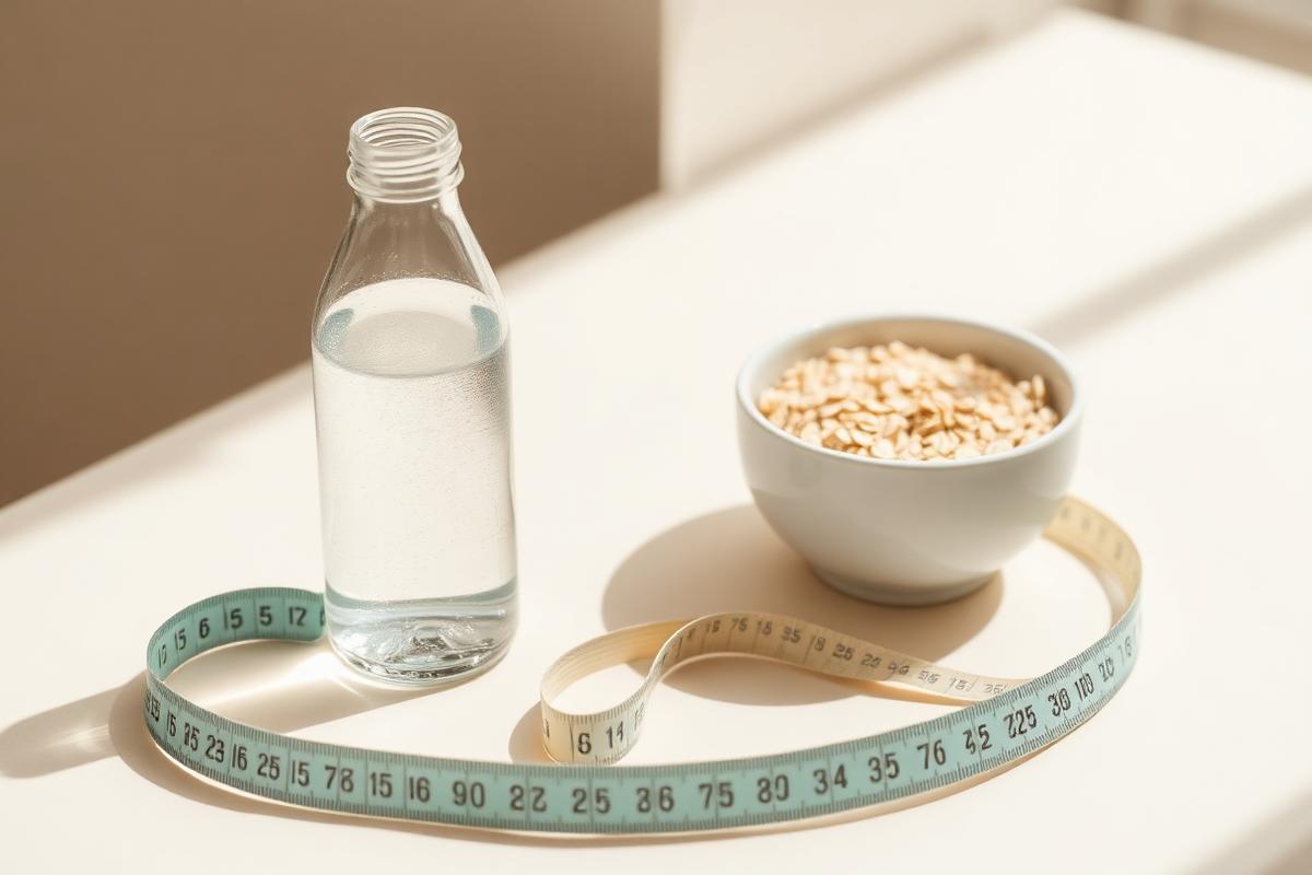 Minimal still life with a water bottle, oats and a measuring tape